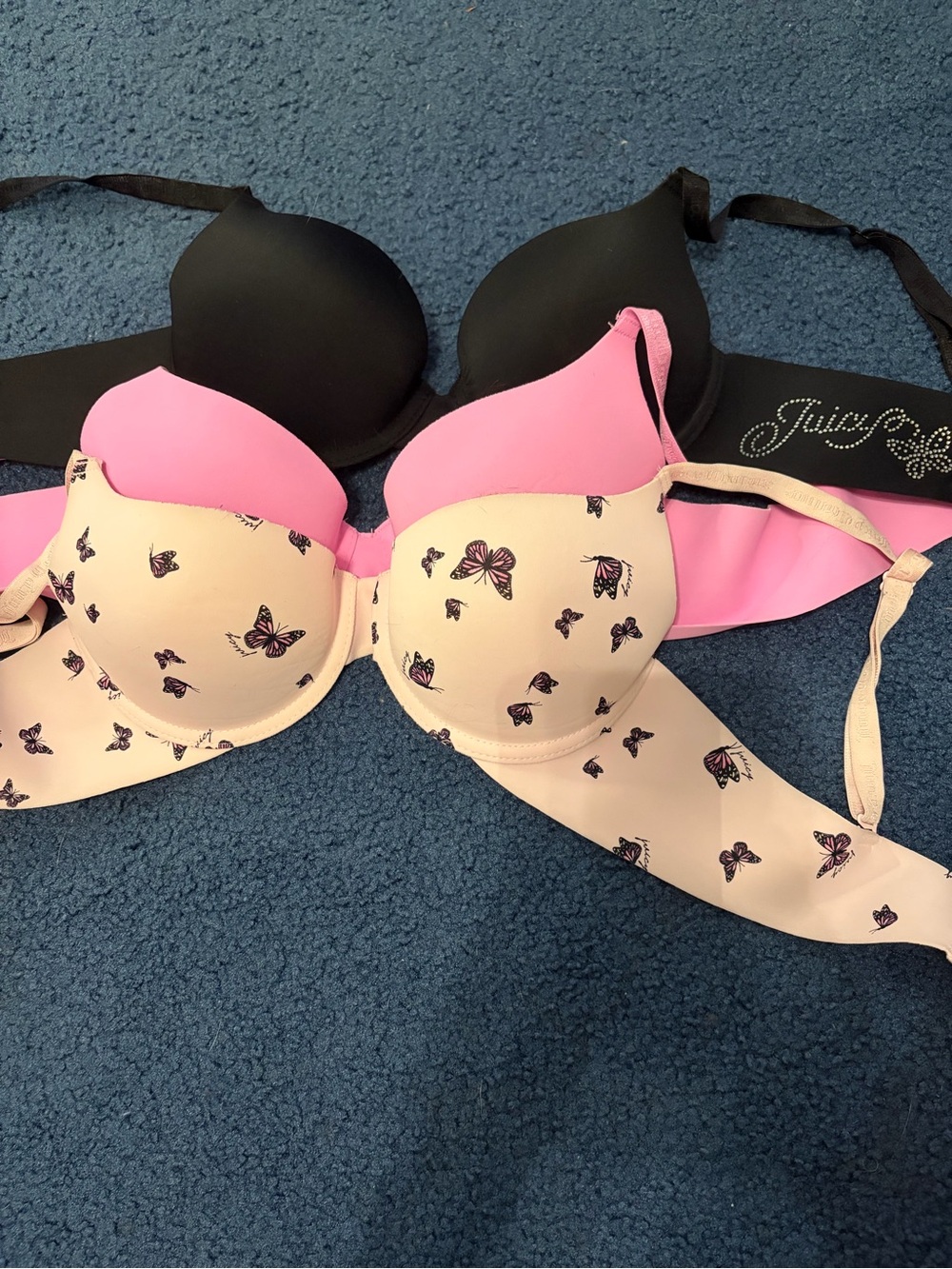 Juicy Couture Black and Pink Butterfly-Print Push-Up Bra Set of Three